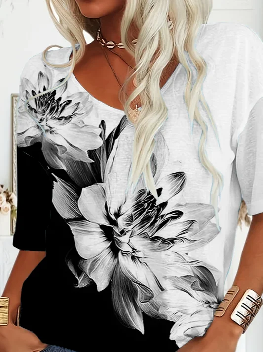 Damen Geblümt Kurzarm T-Shirts T-Shirt V-Ausschnitt Print Lässig Sommer T-Shirt mit Grafik Oberteile