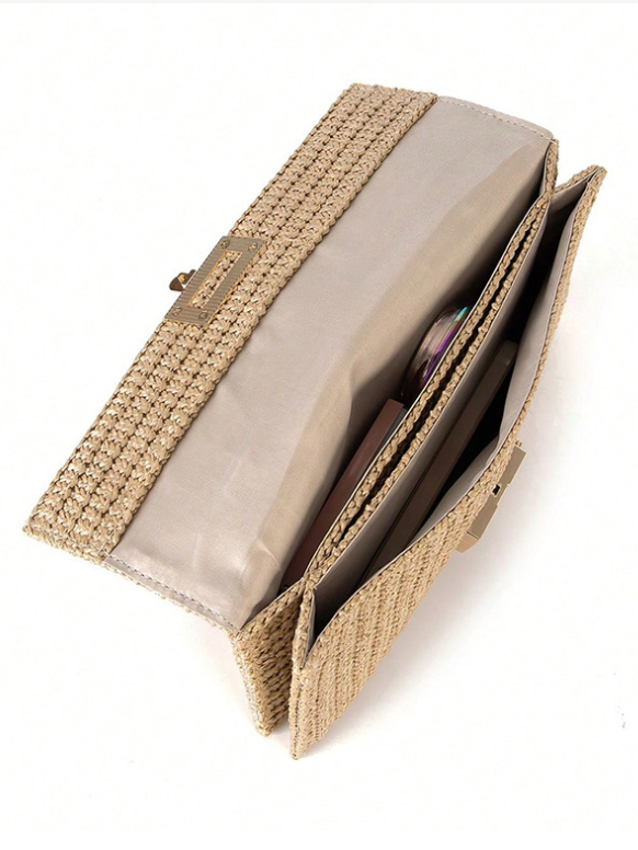 Urlaub Stil multi-Abteil Metallkette Flip Abdeckung Drehverschluss Stroh Tasche Umhängetasche Kette sperren Damen Tasche