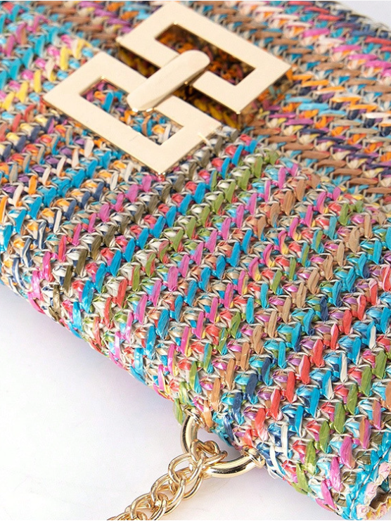 Urlaub Stil multi-Abteil Metallkette Flip Abdeckung Drehverschluss Stroh Tasche Umhängetasche Kette sperren Damen Tasche