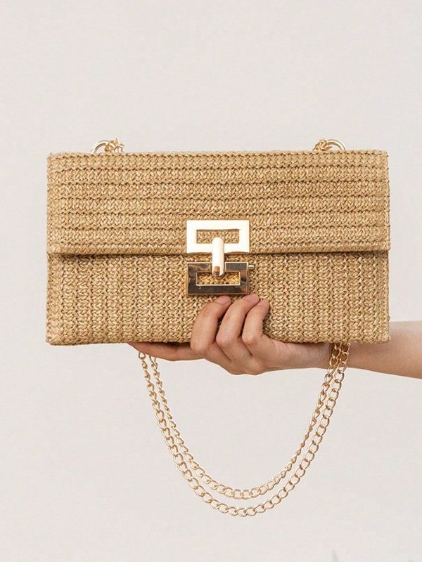 Urlaub Stil multi-Abteil Metallkette Flip Abdeckung Drehverschluss Stroh Tasche Umhängetasche Kette sperren Damen Tasche