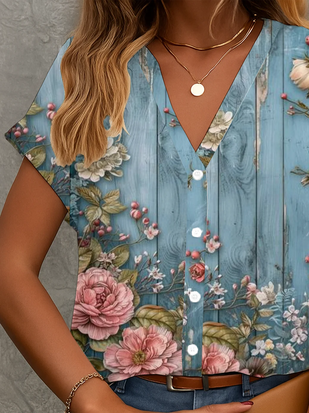 Damen Geblümt Kurzarm Bluse Sommer Print V-Ausschnitt Täglich Lässig Oberteile