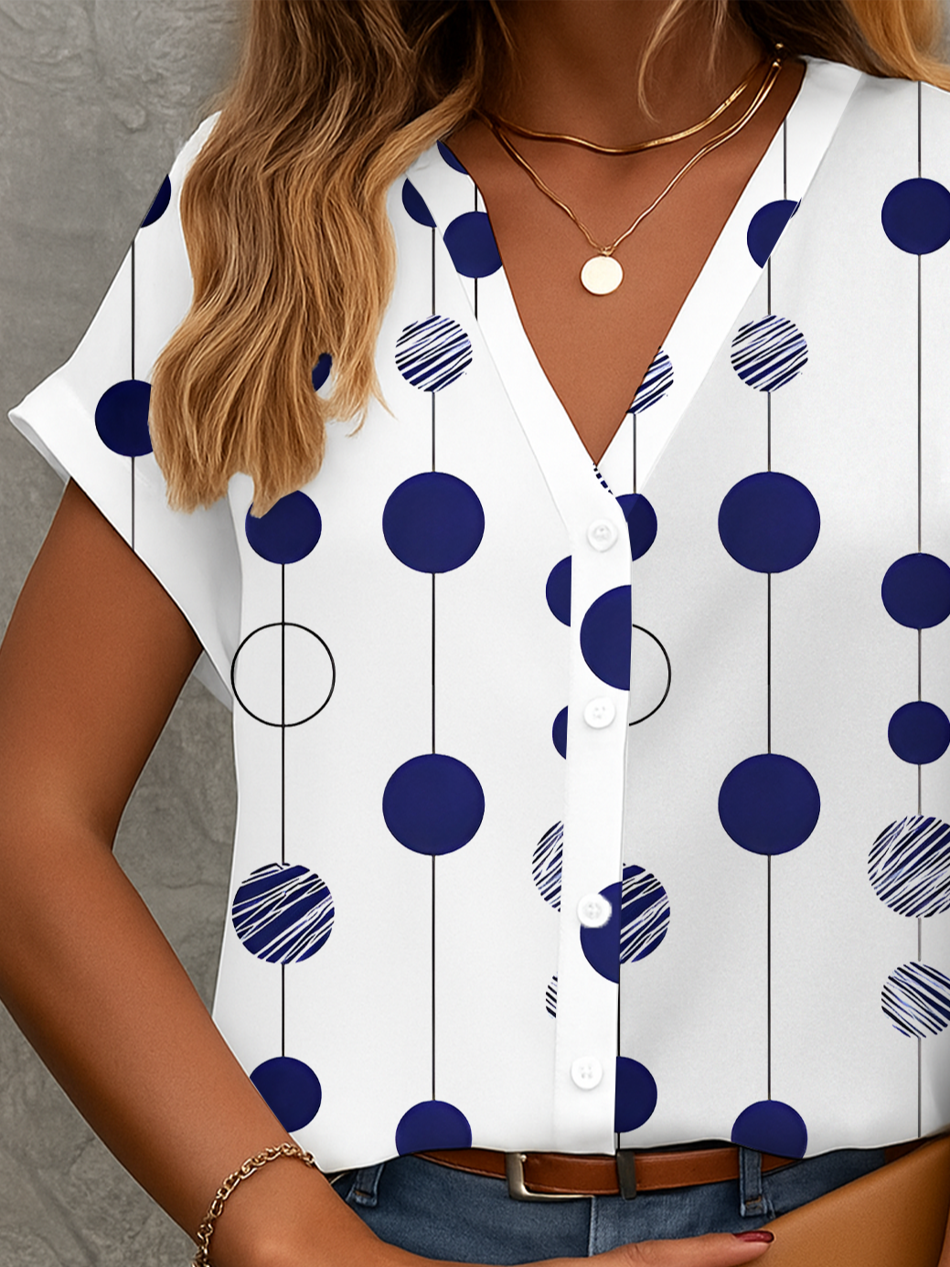 Damen Polka Dots Kurzarm Bluse Sommer Print V-Ausschnitt Täglich Lässig Oberteile