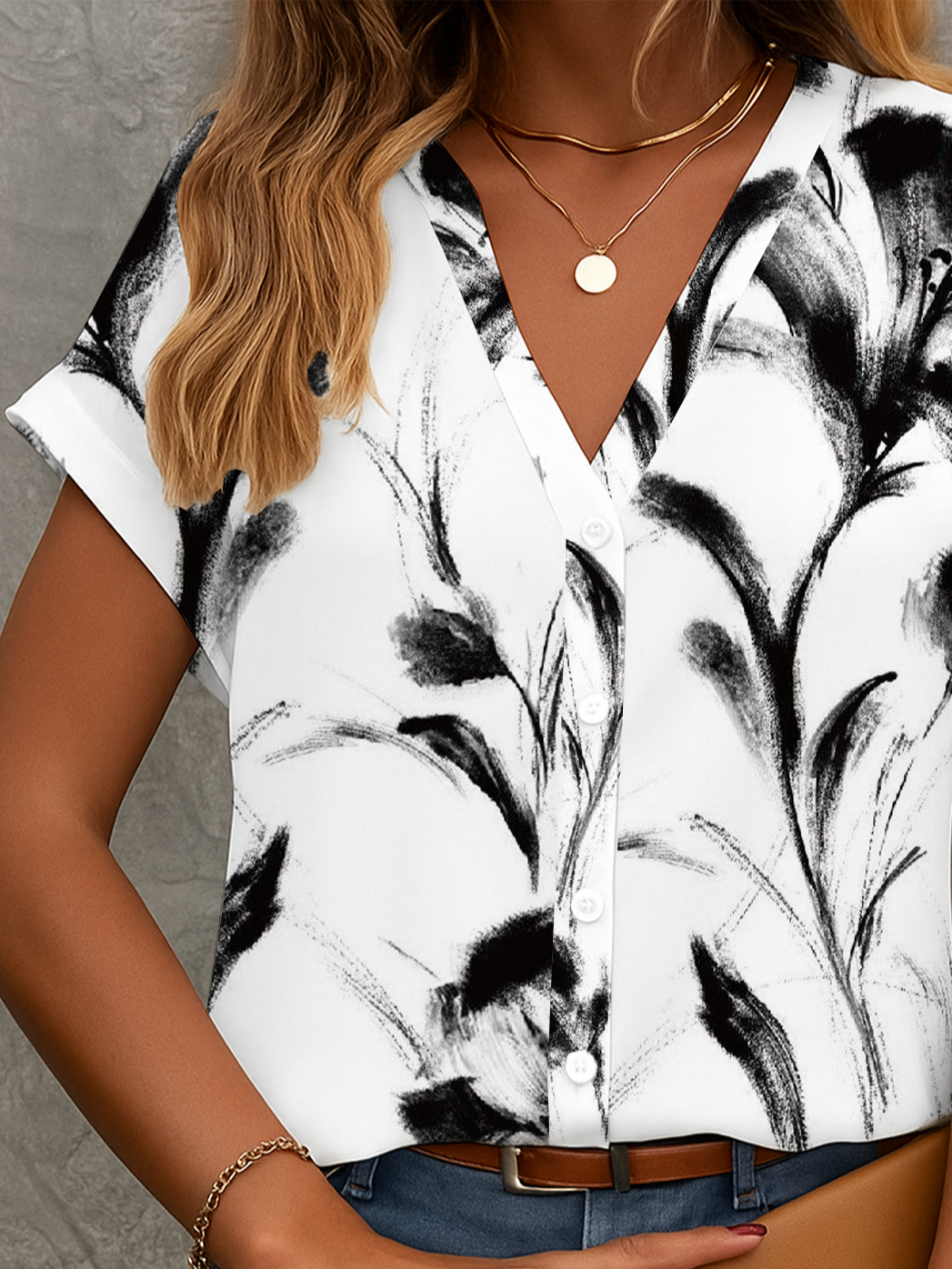 Damen Geblümt Kurzarm Bluse Sommer Print V-Ausschnitt Täglich Lässig Oberteile