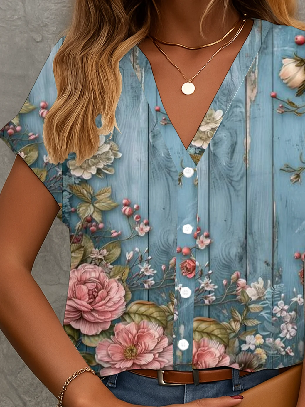 Damen Geblümt Kurzarm Bluse Sommer Print V-Ausschnitt Täglich Lässig Oberteile