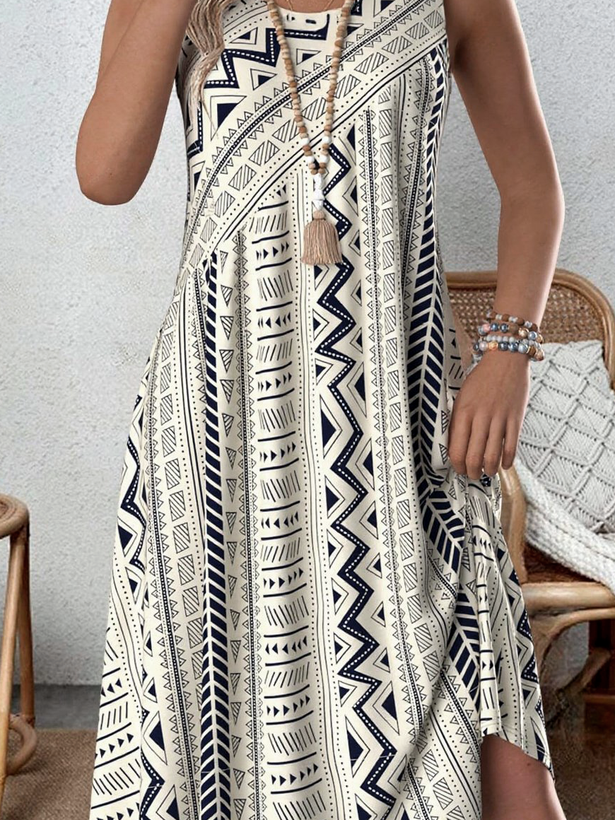 Damen Geometrisch Ärmellos Sommer Kleid Rundhals Täglich Lässig Midi Tanktop A-Linien-Kleid