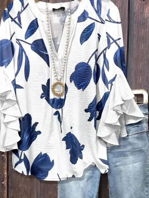 Damen Geblümt Halbarm Bluse Sommer Print V-Ausschnitt Täglich Lässig Oberteile
