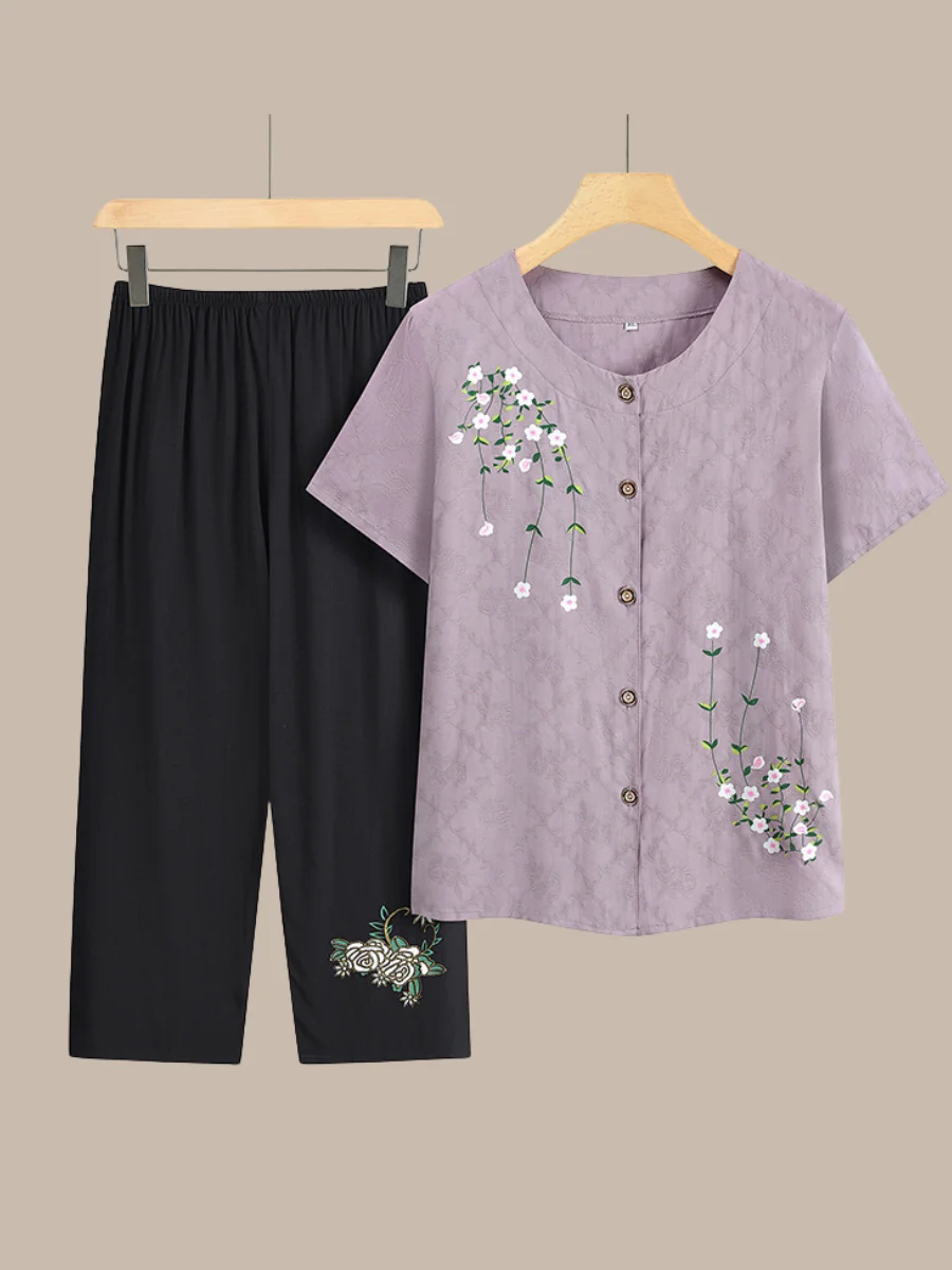 Damen Geblümt Stickerei Zweiteiliges Set Täglich Halbarm Lässig Sommer Bluse mit Hose Matching Set