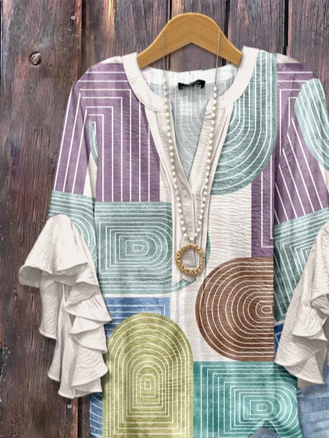 Damen Abstrakt Halbarm Bluse Sommer Print V-Ausschnitt Täglich Lässig Oberteile