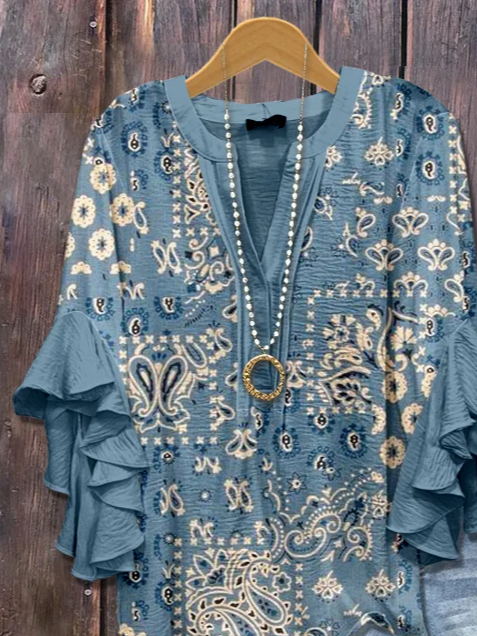 Damen Geblümt Halbarm Bluse Sommer Print V-Ausschnitt Täglich Lässig Oberteile