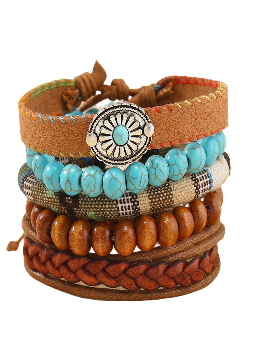 Türkis Sommer Neu Heiß Verkauf Einfach Fashion Bohemien Klein Blume Stil Türkis Perlen Hölzerne Korn Fünfteilig Armband