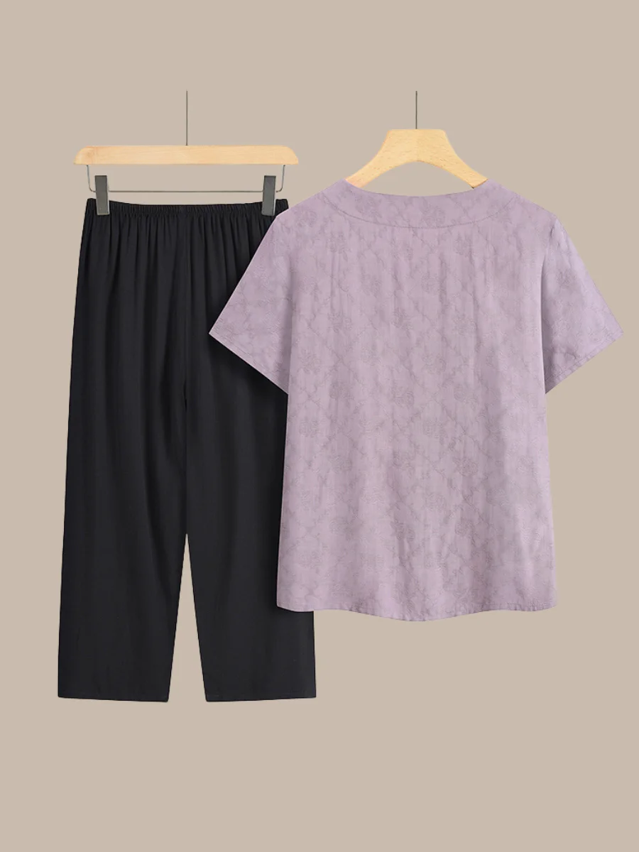 Damen Geblümt Stickerei Zweiteiliges Set Täglich Halbarm Lässig Sommer Bluse mit Hose Matching Set
