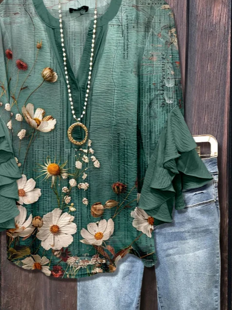 Damen Geblümt Halbarm Bluse Sommer Print V-Ausschnitt Täglich Lässig Oberteile