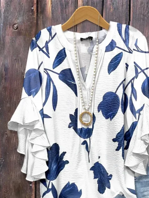 Damen Geblümt Halbarm Bluse Sommer Print V-Ausschnitt Täglich Lässig Oberteile