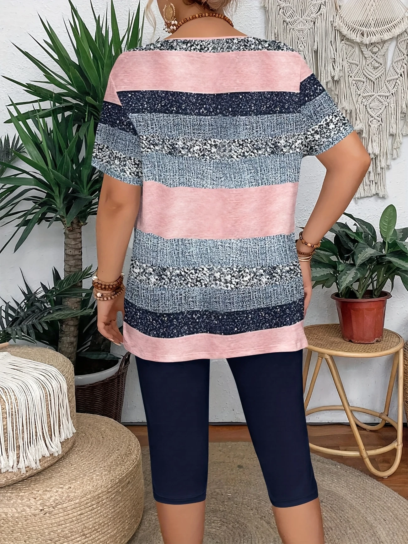 Damen Abstrakt Print Zweiteiliges Set Täglich Kurzarm Lässig Sommer Bluse mit Hose Matching Set