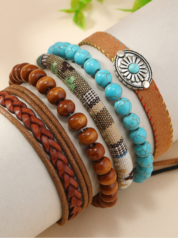Türkis Sommer Neu Heiß Verkauf Einfach Fashion Bohemien Klein Blume Stil Türkis Perlen Hölzerne Korn Fünfteilig Armband