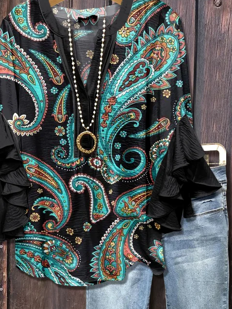 Damen Paisley Halbarm Bluse Sommer Print V-Ausschnitt Täglich Lässig Oberteile