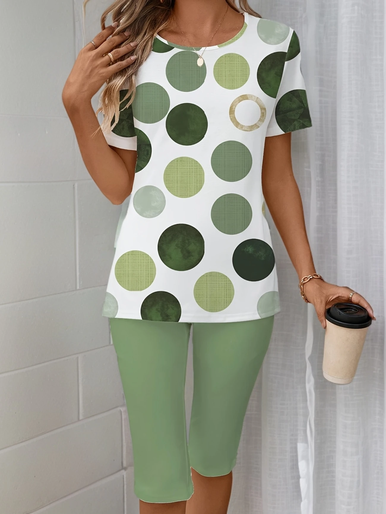 Damen Polka Dots Print Zweiteiliges Set Täglich Kurzarm Lässig Sommer Bluse mit Hose Matching Set