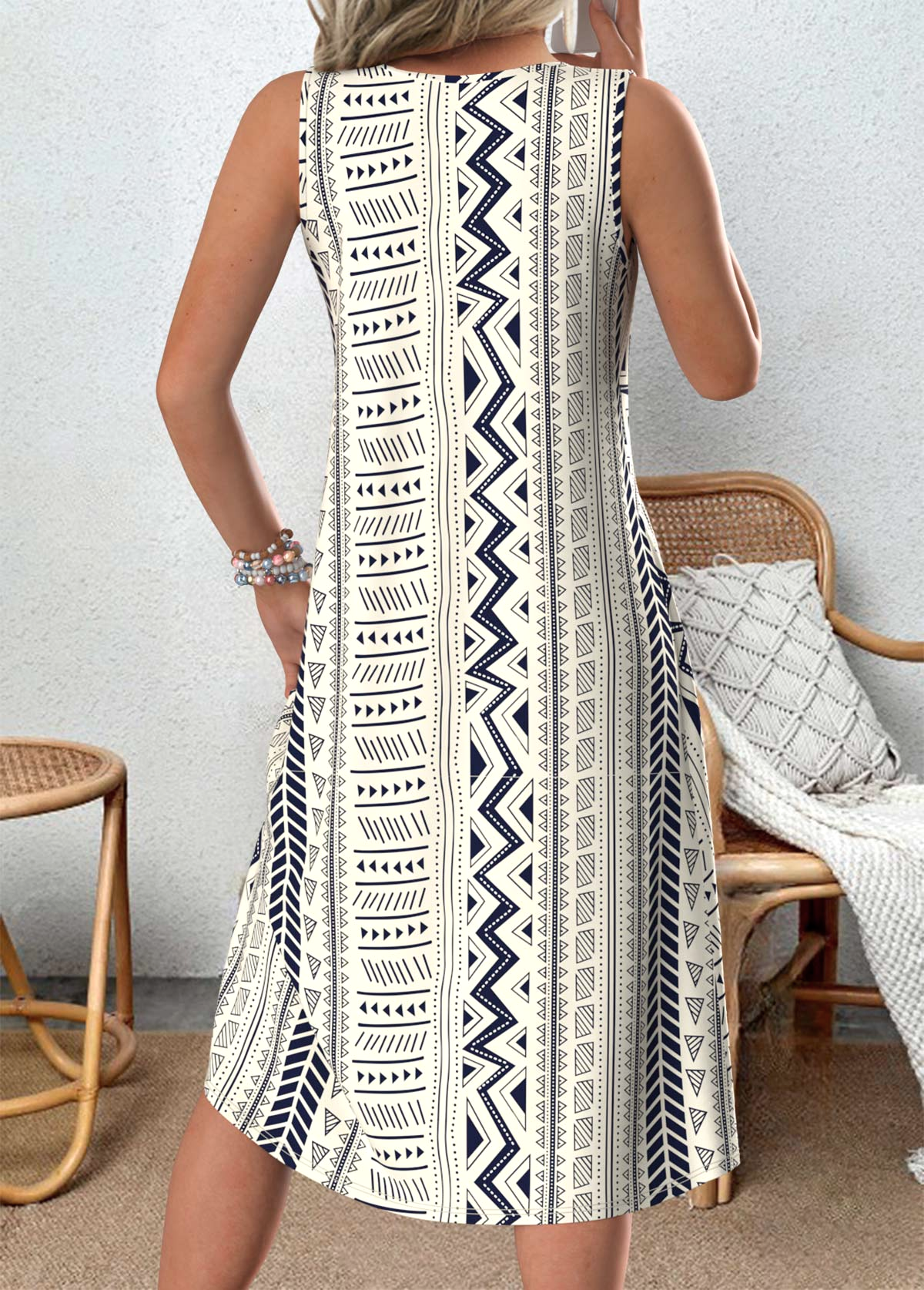 Damen Geometrisch Ärmellos Sommer Kleid Rundhals Täglich Lässig Midi Tanktop A-Linien-Kleid