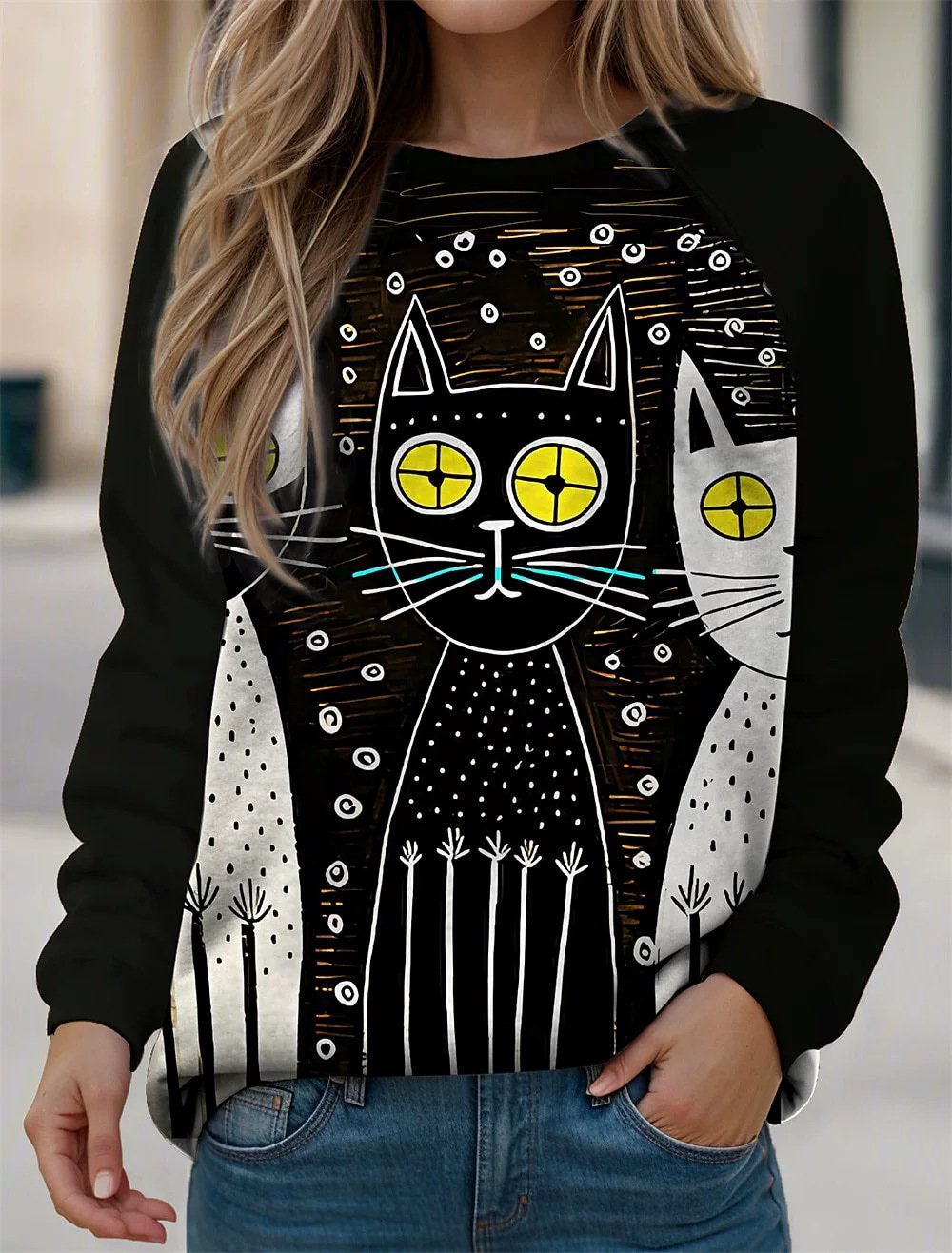 Damen Rundhals Katze Lässig Frühling/Herbst Langarm Sweatshirt