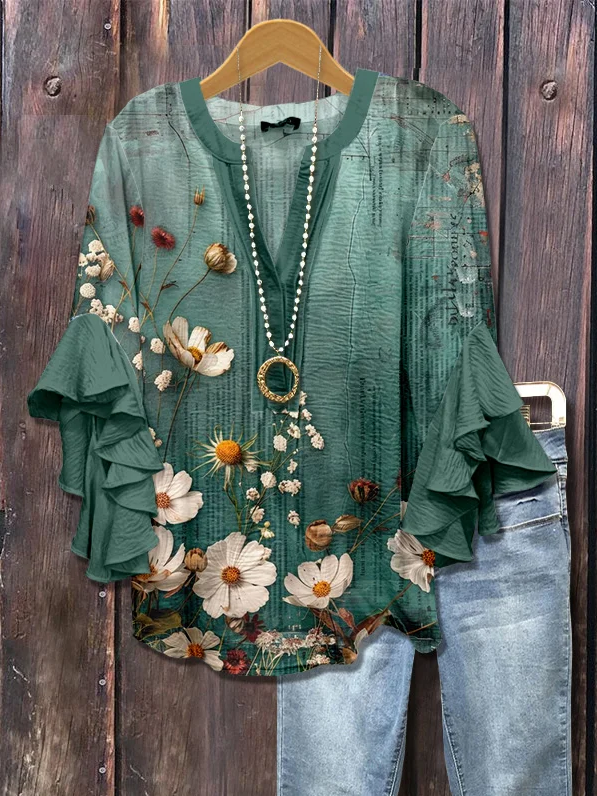 Damen Geblümt Halbarm Bluse Sommer Print V-Ausschnitt Täglich Lässig Oberteile