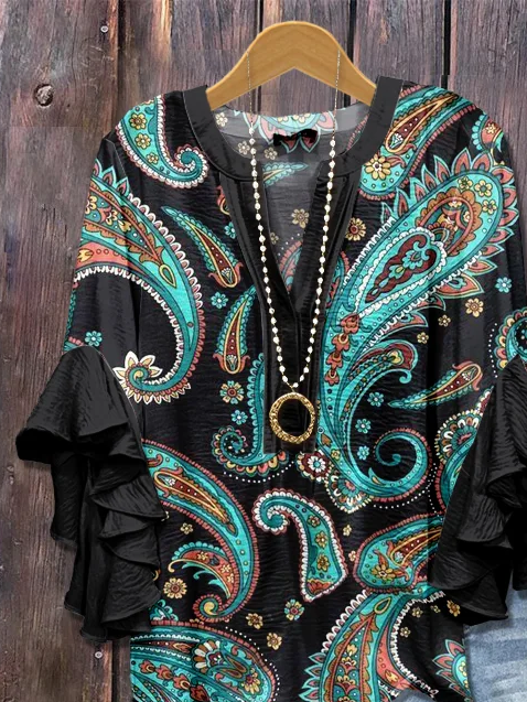 Damen Paisley Halbarm Bluse Sommer Print V-Ausschnitt Täglich Lässig Oberteile
