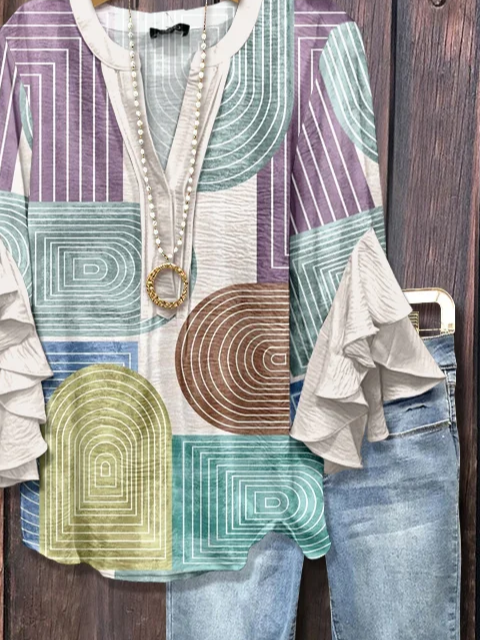 Damen Abstrakt Halbarm Bluse Sommer Print V-Ausschnitt Täglich Lässig Oberteile