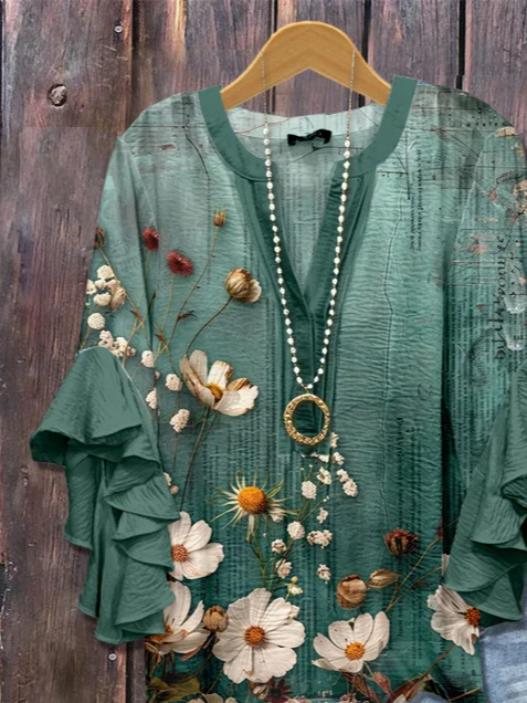 Damen Geblümt Halbarm Bluse Sommer Print V-Ausschnitt Täglich Lässig Oberteile
