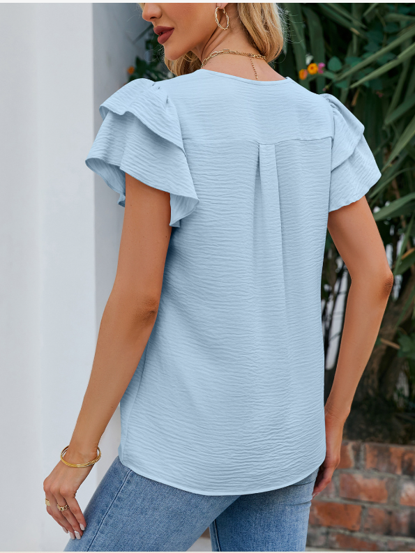 Damen Unifarben Kurzarm T-Shirts T-Shirt V-Ausschnitt Lässig Sommer Oberteile