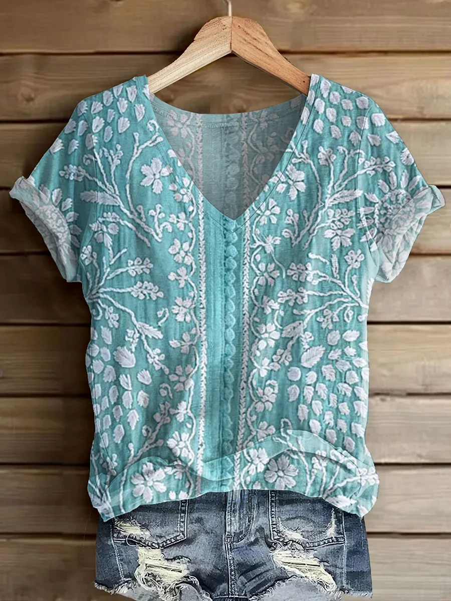 Damen Geblümt Kurzarm T-Shirts T-Shirt V-Ausschnitt Print Lässig Sommer T-Shirt mit Grafik Oberteile