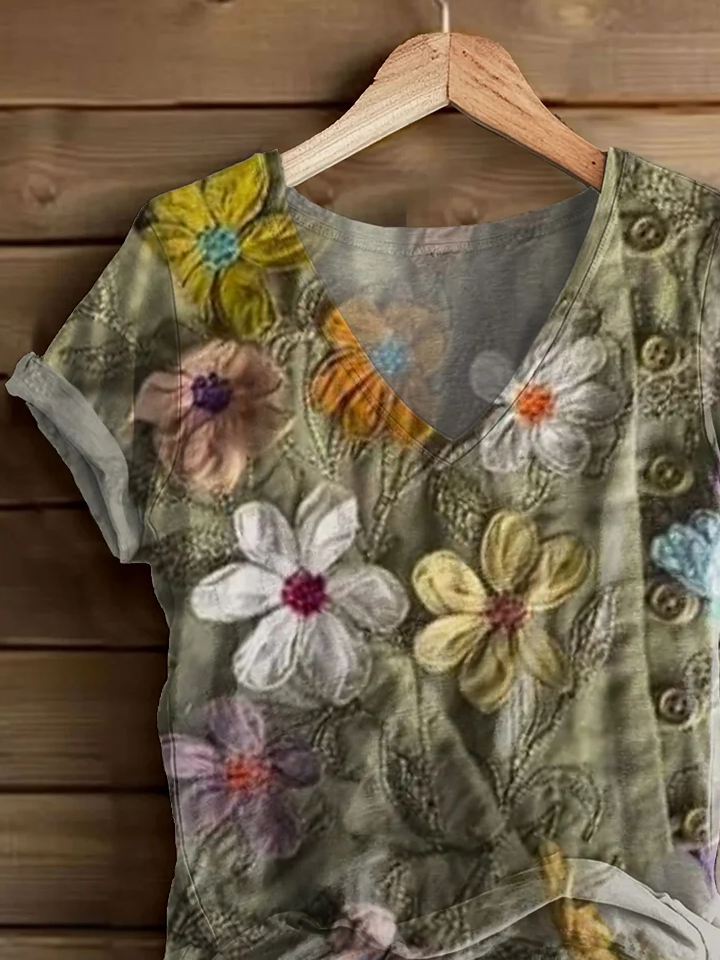 Damen Geblümt Kurzarm T-Shirts T-Shirt V-Ausschnitt Print Lässig Sommer T-Shirt mit Grafik Oberteile