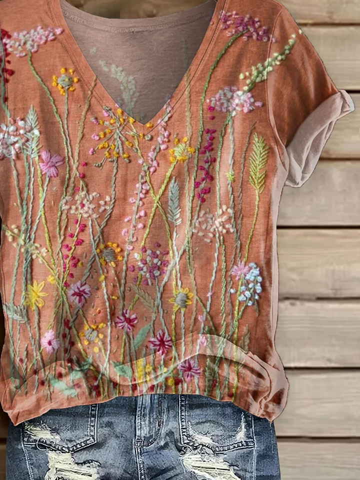 Damen Geblümt Kurzarm T-Shirts T-Shirt V-Ausschnitt Print Lässig Sommer T-Shirt mit Grafik Oberteile