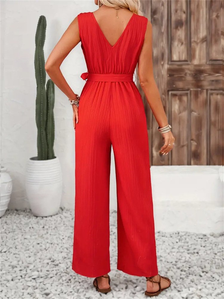 Damen Unifarben V-Ausschnitt Ärmellos Lässig Sommer Jumpsuit