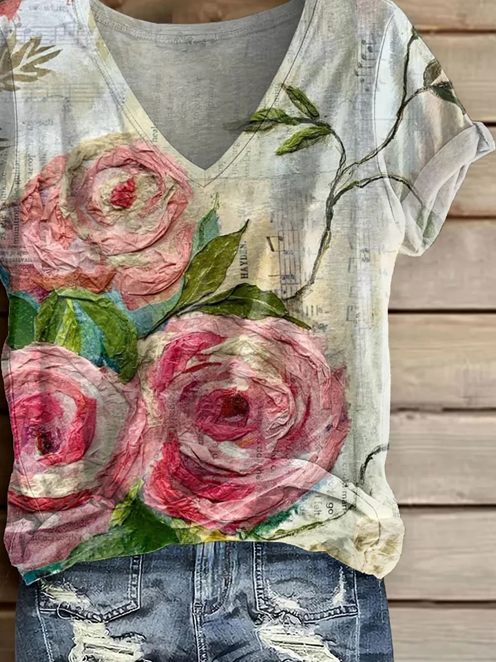 Damen Geblümt Kurzarm T-Shirts T-Shirt V-Ausschnitt Print Lässig Sommer T-Shirt mit Grafik Oberteile