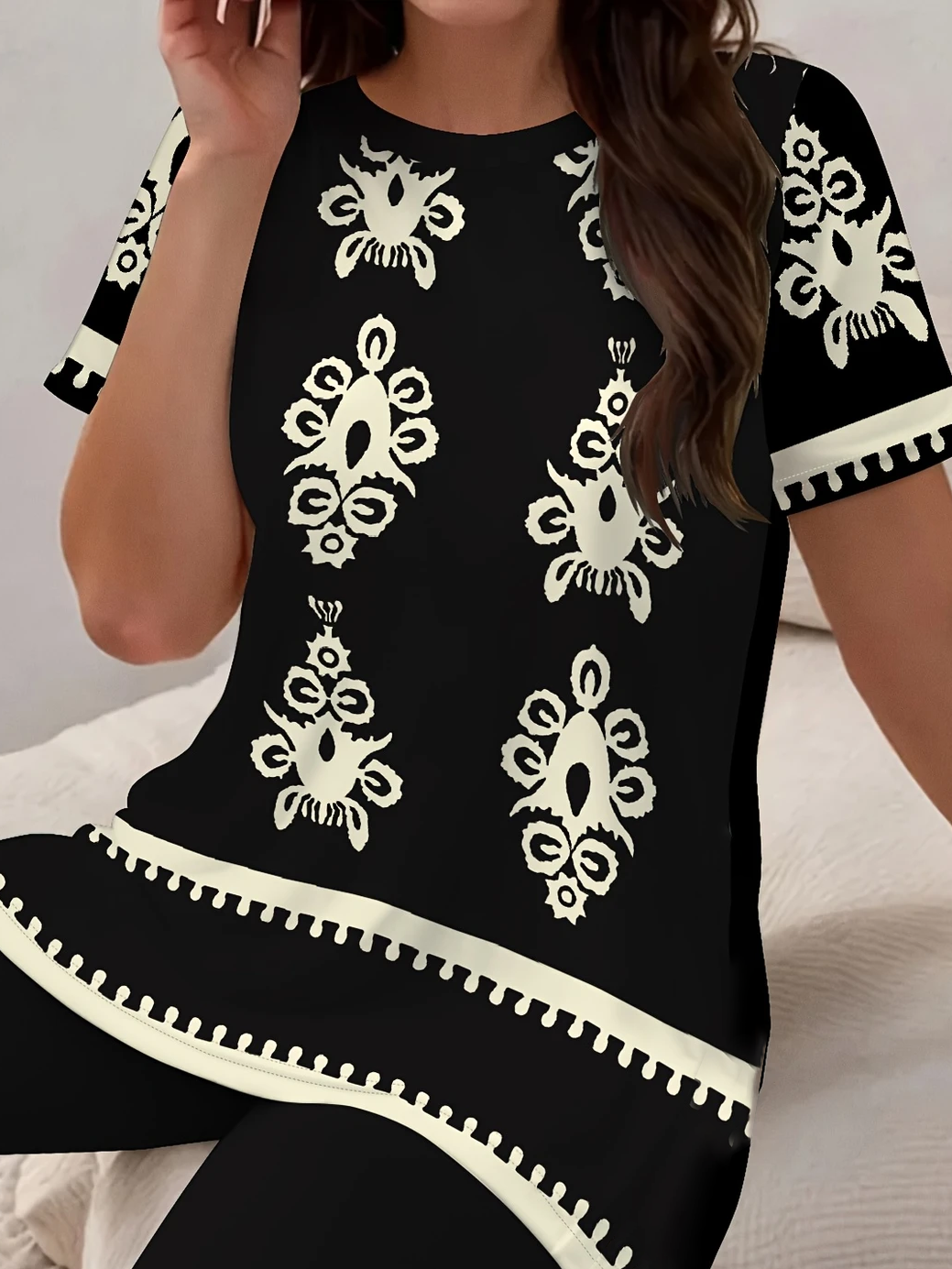 Damen Abstrakt Print Zweiteiliges Set Täglich Kurzarm Lässig Sommer Bluse mit Hose Matching Set