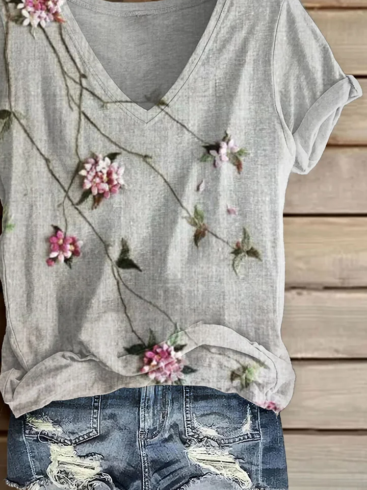 Damen Geblümt Kurzarm T-Shirts T-Shirt V-Ausschnitt Print Lässig Sommer T-Shirt mit Grafik Oberteile