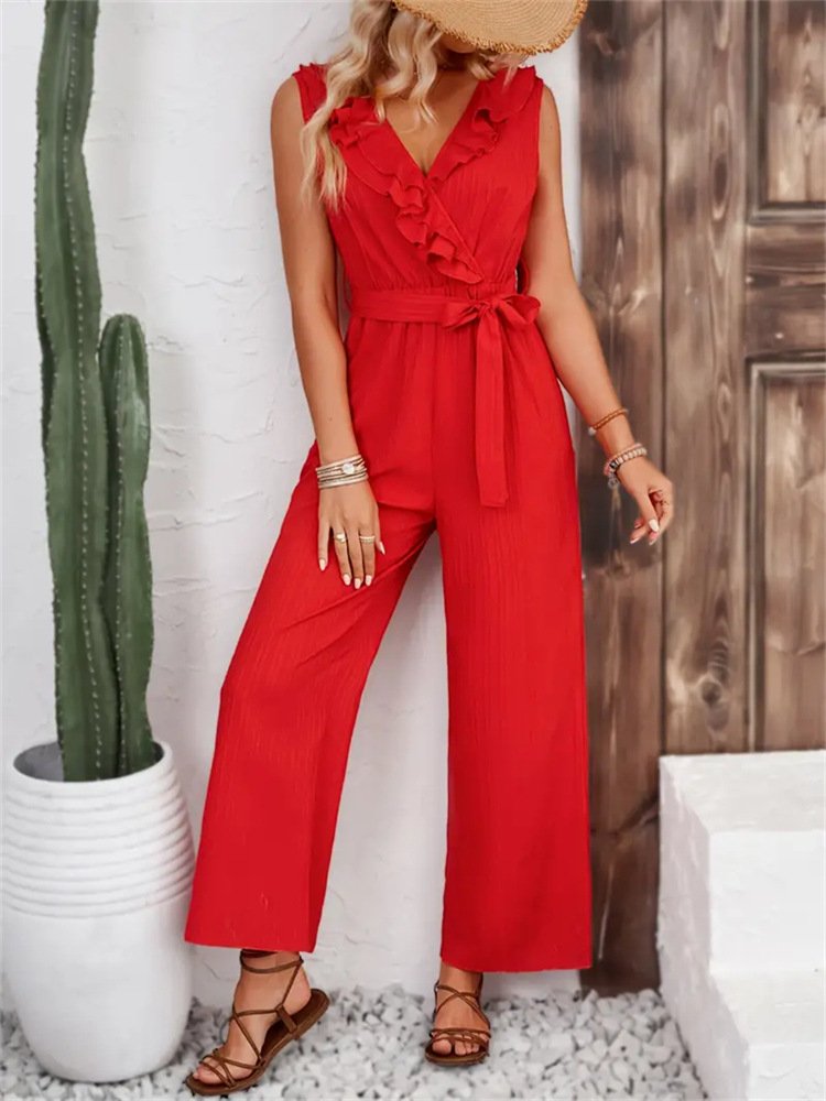 Damen Unifarben V-Ausschnitt Ärmellos Lässig Sommer Jumpsuit