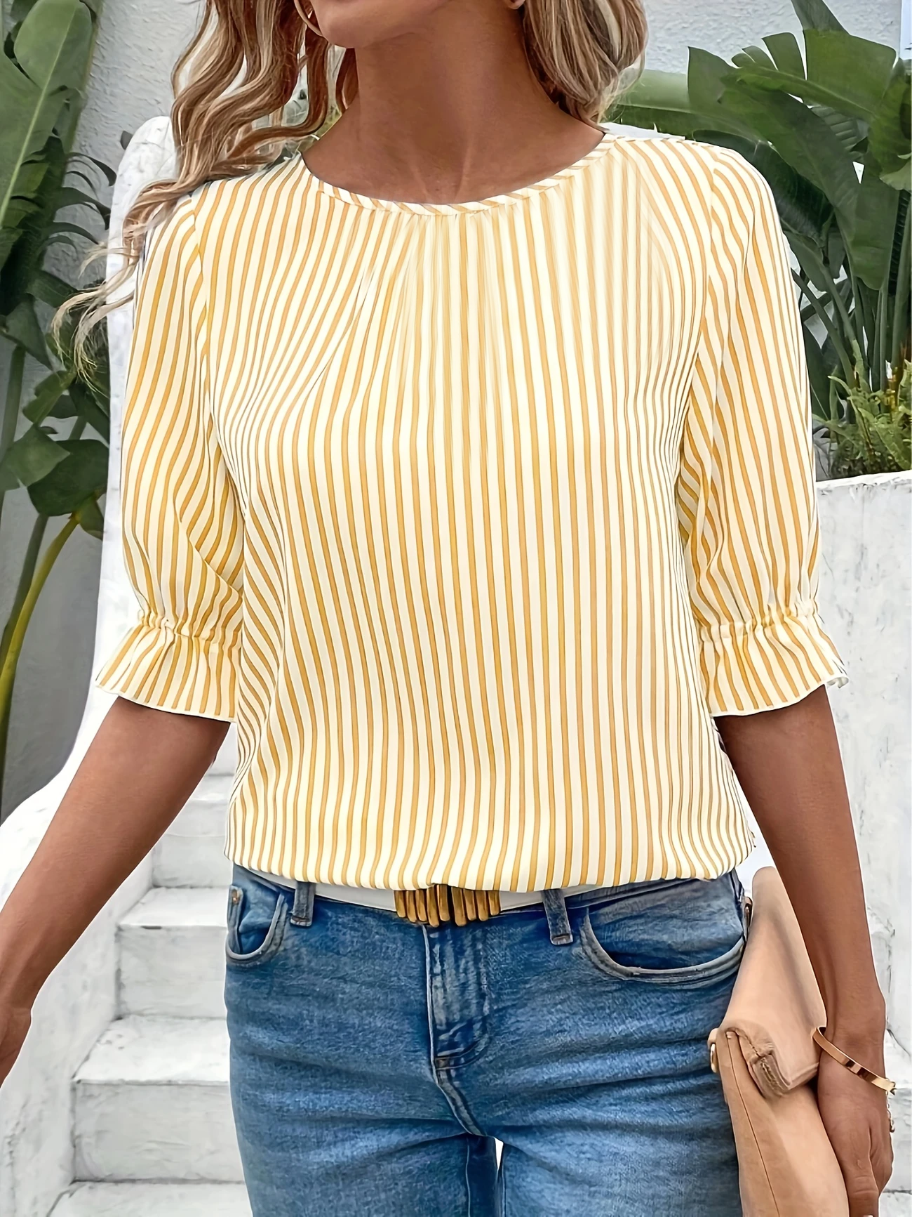 Damen Gestreift Halbarm Bluse Sommer Rundhals Täglich Retro Oberteile