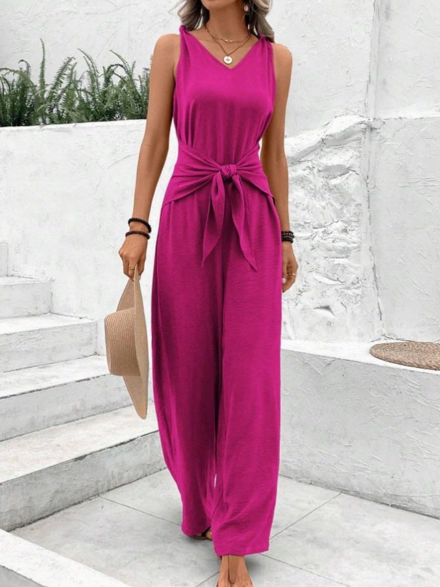 Damen Unifarben V-Ausschnitt Ärmellos Lässig Sommer Jumpsuit