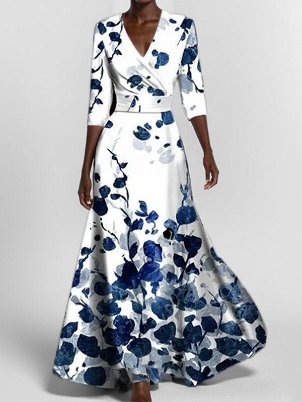 Damen Geblümt Kurzarm Sommer Print Kleid V-Ausschnitt Täglich Retro Maxikleid Tanktop A-Linien-Kleid