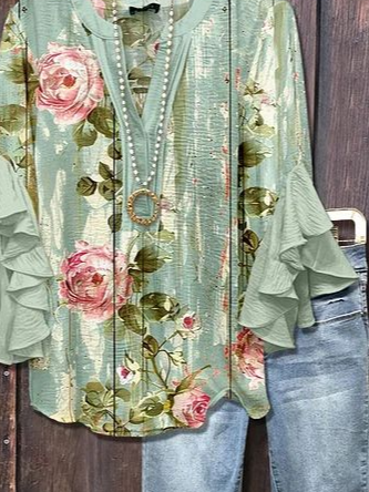 Damen Geblümt Halbarm Bluse Sommer Print V-Ausschnitt Täglich Lässig Oberteile