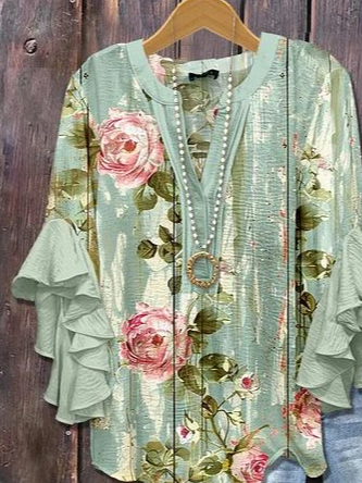 Damen Geblümt Halbarm Bluse Sommer Print V-Ausschnitt Täglich Lässig Oberteile