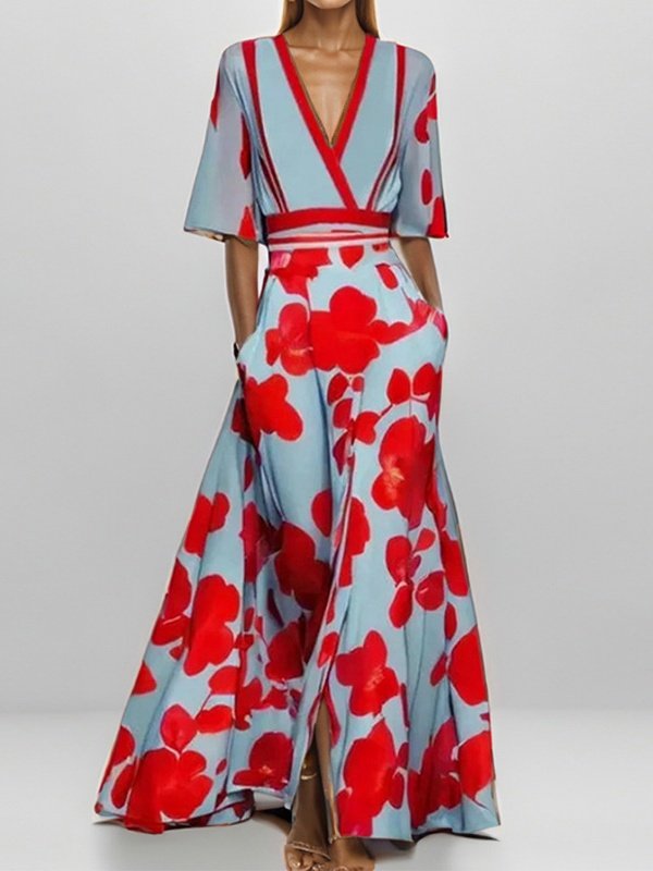 Damen Geblümt Kurzarm Sommer Print Kleid V-Ausschnitt Täglich Retro Maxikleid Tanktop A-Linien-Kleid