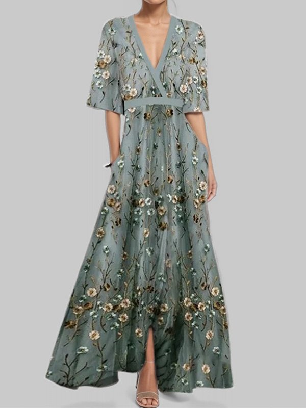 Damen Geblümt Kurzarm Sommer Print Kleid V-Ausschnitt Täglich Retro Maxikleid Tanktop A-Linien-Kleid