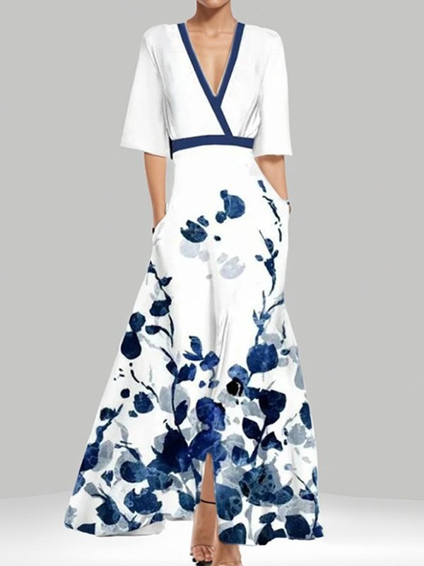 Damen Geblümt Kurzarm Sommer Print Kleid V-Ausschnitt Täglich Retro Maxikleid Tanktop A-Linien-Kleid