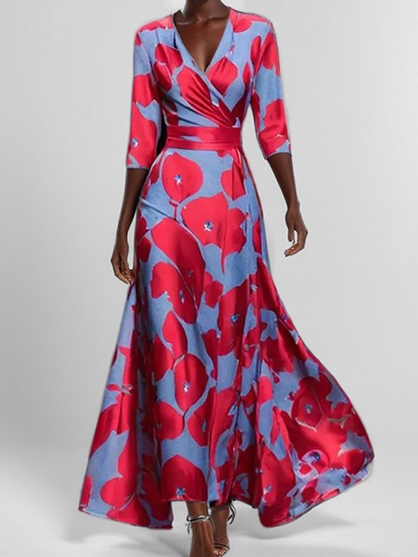 Damen Geblümt Kurzarm Sommer Print Kleid V-Ausschnitt Täglich Retro Maxikleid Tanktop A-Linien-Kleid