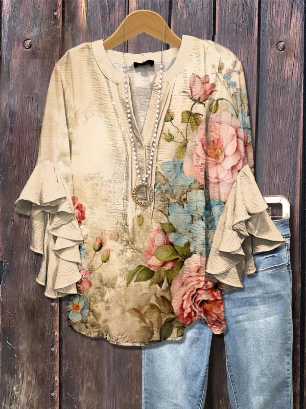 Damen Geblümt Halbarm Bluse Sommer Print V-Ausschnitt Täglich Lässig Oberteile