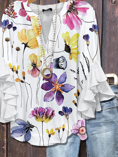 Damen Geblümt Halbarm Bluse Sommer Print V-Ausschnitt Täglich Lässig Oberteile