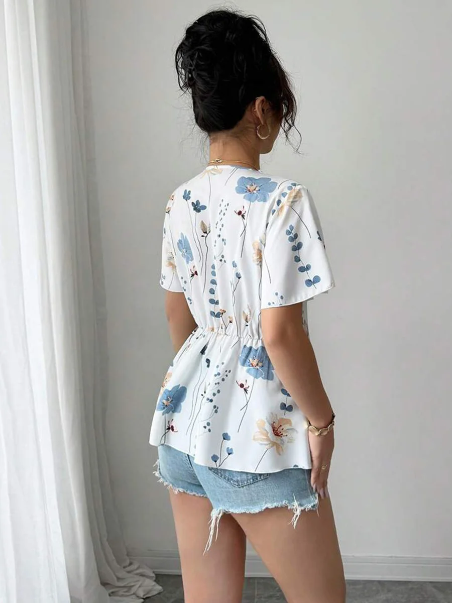 Damen Unifarben Kurzarm T-Shirts T-Shirt V-Ausschnitt Stickerei Lässig Sommer Tunika Oberteile