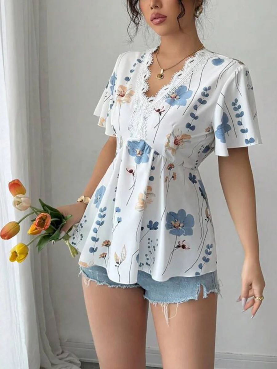 Damen Unifarben Kurzarm T-Shirts T-Shirt V-Ausschnitt Stickerei Lässig Sommer Tunika Oberteile