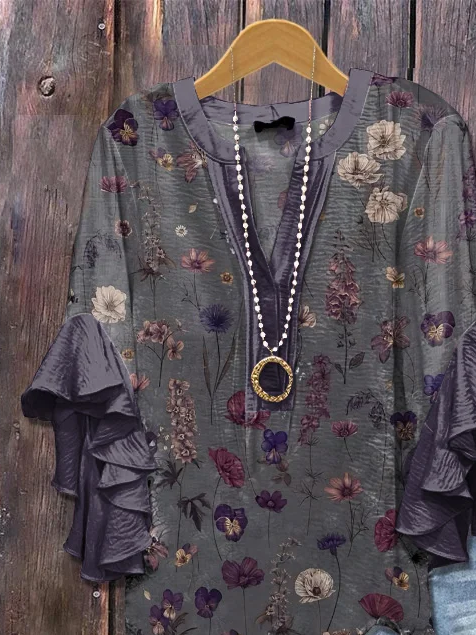 Damen Geblümt Halbarm Bluse Sommer Print V-Ausschnitt Täglich Lässig Oberteile
